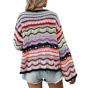 Women's Summer Color Block Striped Sweater Lightweight Comfy Cable Knit Pullover