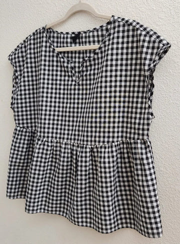 Black White Henley Checked Cotton-Poly Pullover Top