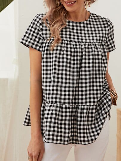 Black White Henley Checked Cotton-Poly Pullover Top