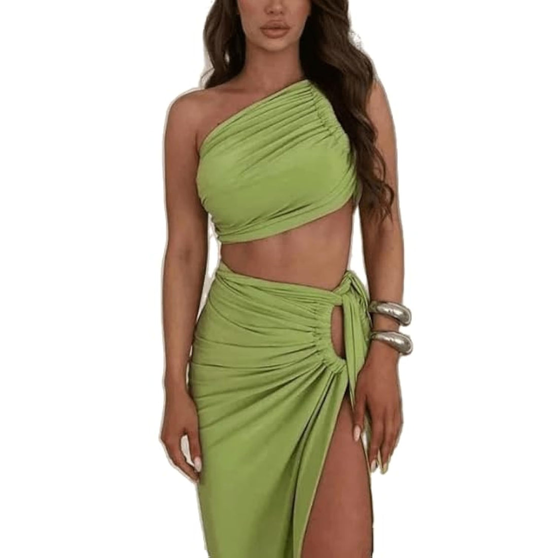 One Shoulder Crop Top and Slit Skirt Set – Women’s Two Piece Suit
