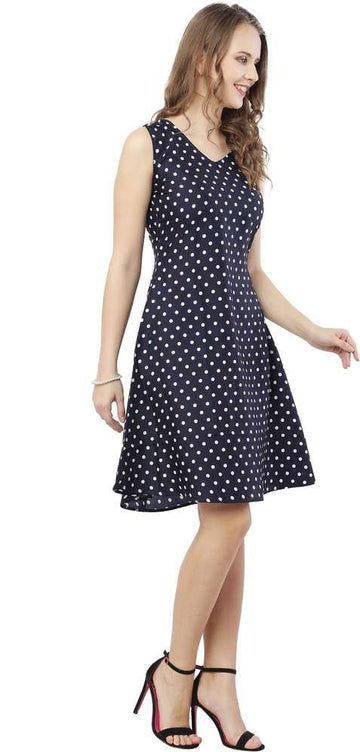 Women's Sleeveless Navy Blue Polka Dot A-Line Dress – knee-length polka dot dress