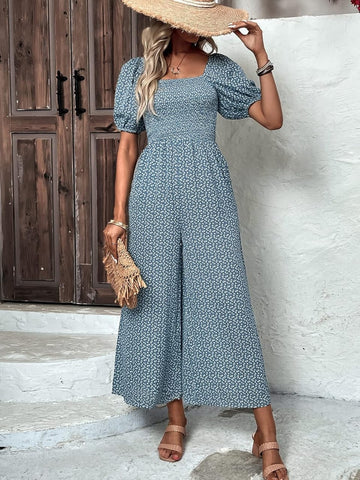 Women's Floral Smocked Puff Sleeve Wide-Leg Jumpsuit