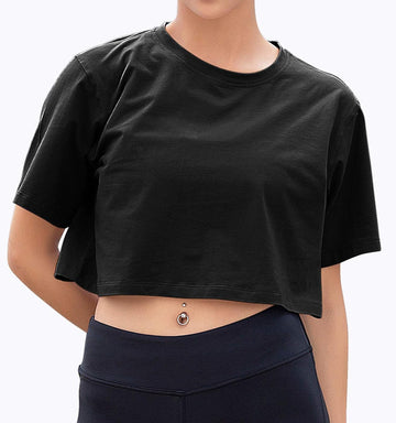 Women’s Short Sleeve Crewneck Loose Crop Top – Comfy Casual & Workout Tee