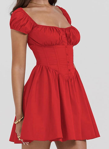 Women's Square Neck Puff Sleeve A-Line Summer Dress - Red, Loose Fit Short Dress