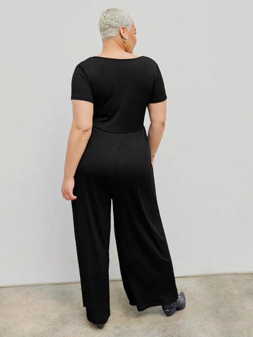 Women’s Plus Size Black Wide Leg Jumpsuit – Round Neck, Short Sleeve, Comfortable & Chic