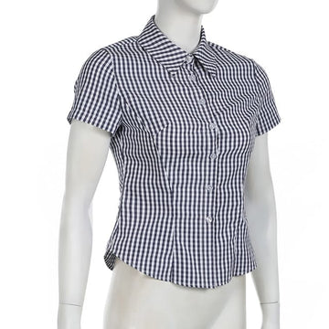 Darlingaga Vintage Fashion Plaid Shirt Women Cropped Top Buttons-Up Cardigan Y2K Korean Style Casual Summer Blouse Short Sleeve
