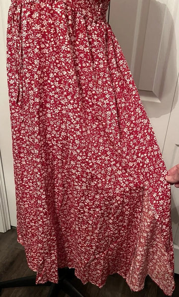 NWOT Shein sz 12 Puff Sleeve Red + White Ditsy Tie Front Midi Dress Smocked Back XL