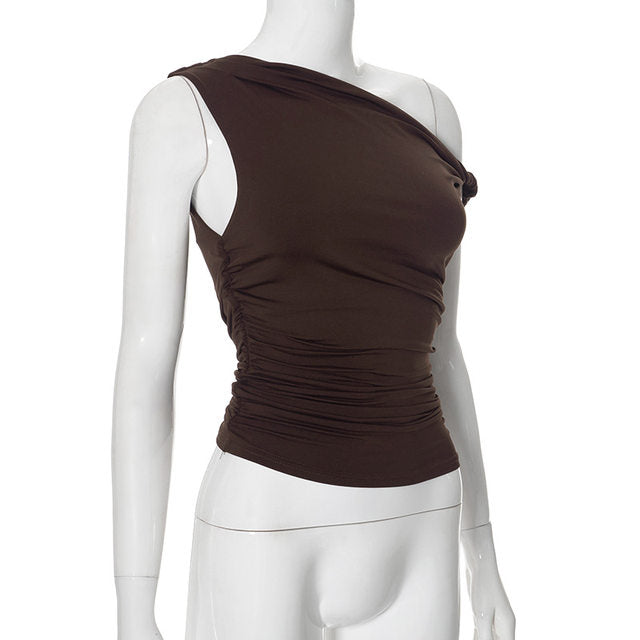 Women's Summer Casual Sleeveless Solid Color Off Shoulder Side Pleated T-Shirt