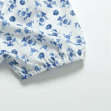 Women's Blue Floral Summer Dress Puff Sleeve Square Neck High Waist A-Line Sundress