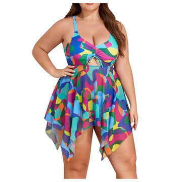 Women's Bikini Sets Plus Size Split Skirt Swimsuit High Waist Drawstring Strap Swimsuit Ladies Swimming Costume Plus Size Bathing Suits 4XL