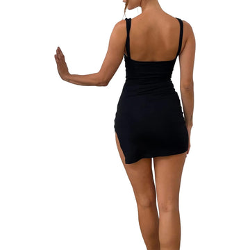 Women's Sexy Lace Mini Dress Spaghetti Strap Low Cut Bodycon Dress Y2K Sleeveless Backless Short Flare Dress S