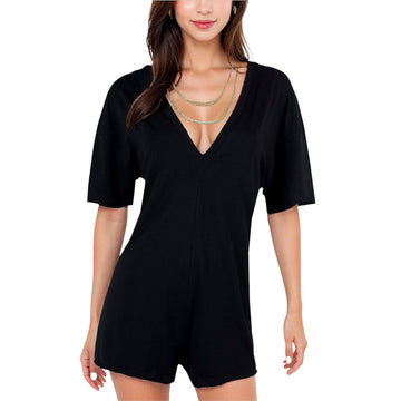Women's black Short Sleeve V-Neck Romper With Relaxed Fit XL