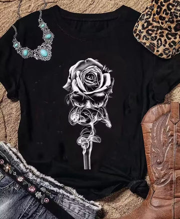 Roses and Skull Shirt for Women Funny Skeletons Graphic Tee Tshirt Letters Printed Summer Vacation Short Sleeve Tops 5XL