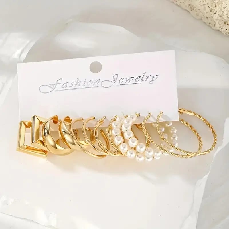 Set Of 6 Pairs Of Golden Earrings Set With C-shaped Geometric Hoops, Retro Twisted Artificial Pearl Hoops, Women's Jewelry Gift Set