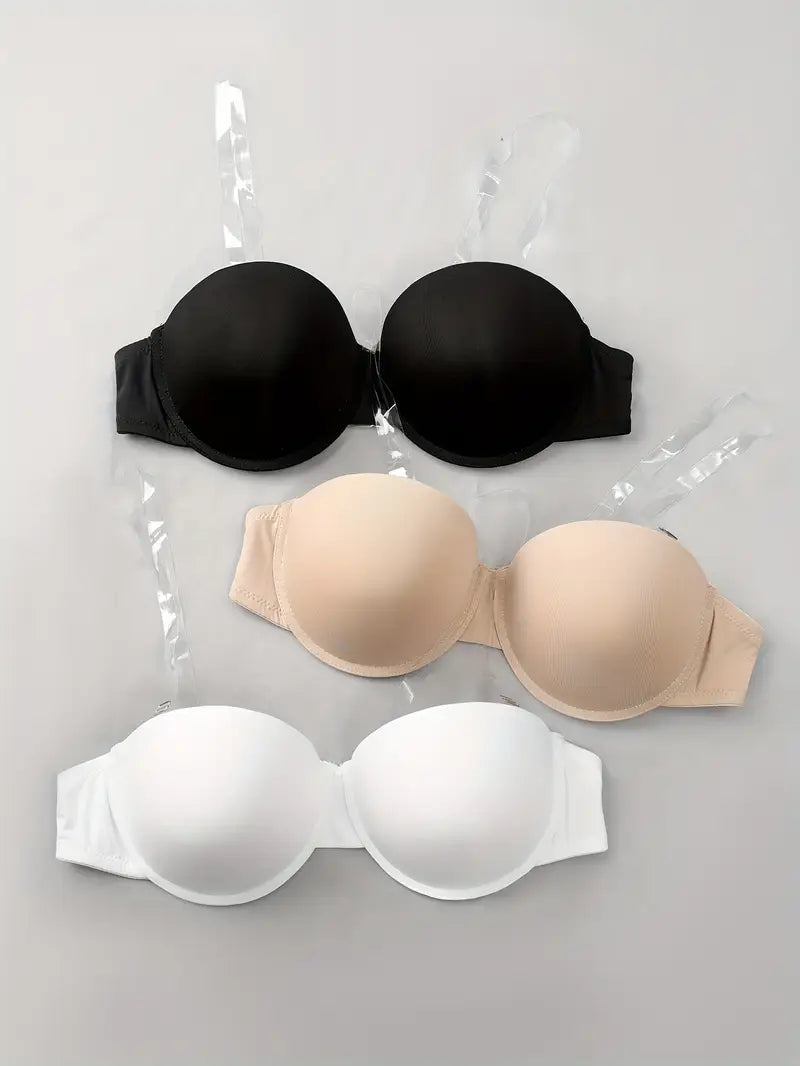 3PCS Seamless Underwire Bras with Transparent Straps – Padded Support, Multi-Color Set (White, Skin, Blue)