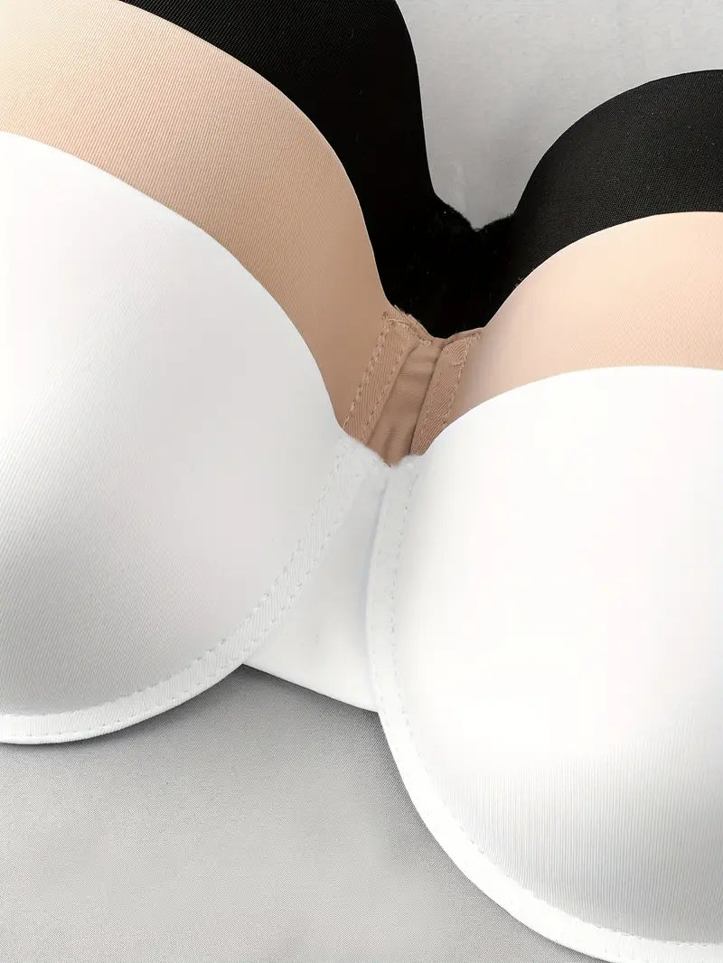 3PCS Seamless Underwire Bras with Transparent Straps – Padded Support, Multi-Color Set (White, Skin, Blue)