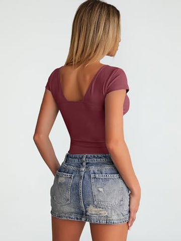 Women’s Deep V Neck Backless Short Sleeve Slim Fit Y2K Bustier Corset Cami Top