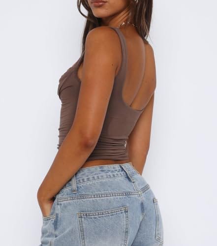 Women’s Sleeveless Ruched Strap Square Neck Slim Fit Summer Tank Top