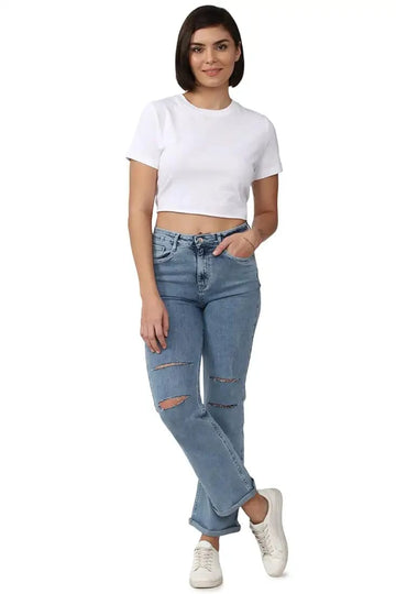 Women's Solid White Regular Fit Crop Top – Casual Short Sleeve Tee (Size M)