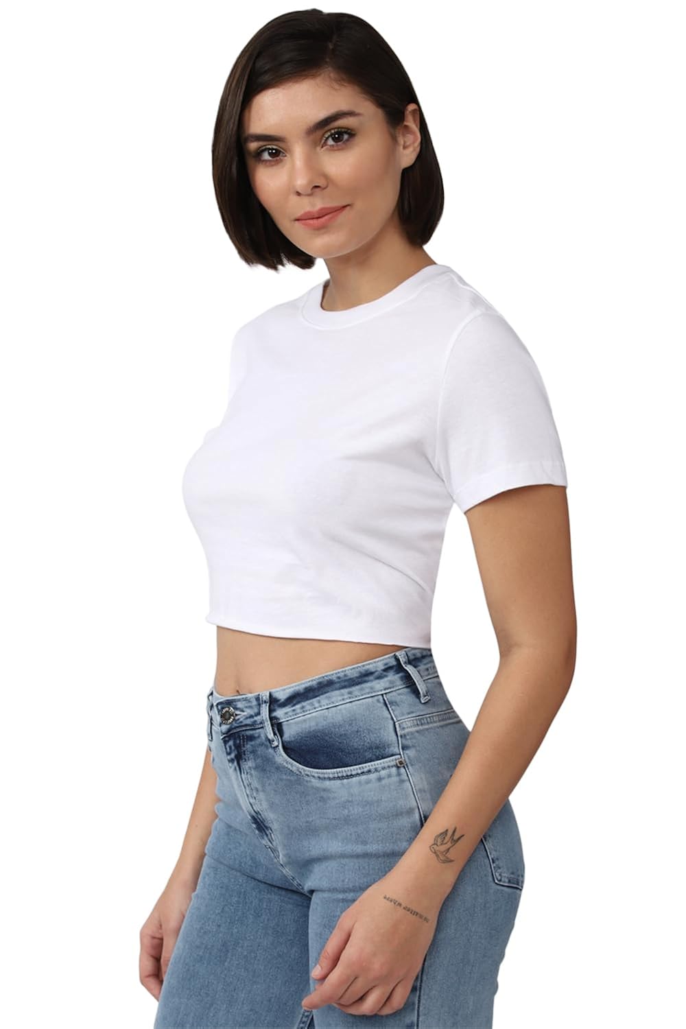 Women's Solid White Regular Fit Crop Top – Casual Short Sleeve Tee (Size M)