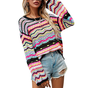 Women's Summer Color Block Striped Sweater Lightweight Comfy Cable Knit Pullover
