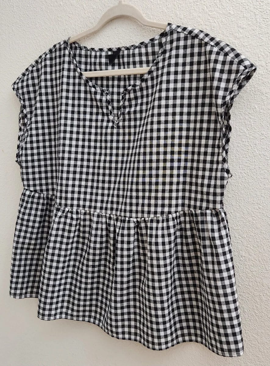 Black White Henley Checked Cotton-Poly Pullover Top