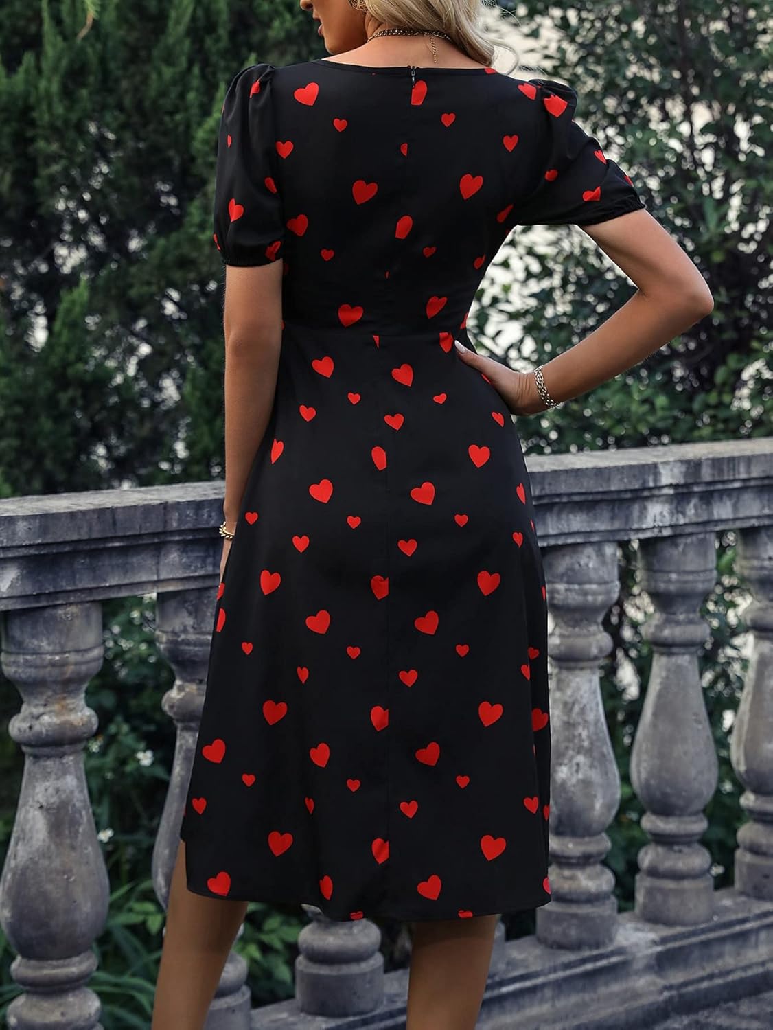 Women's Heart Print Ruched Bust Split Thigh Dress