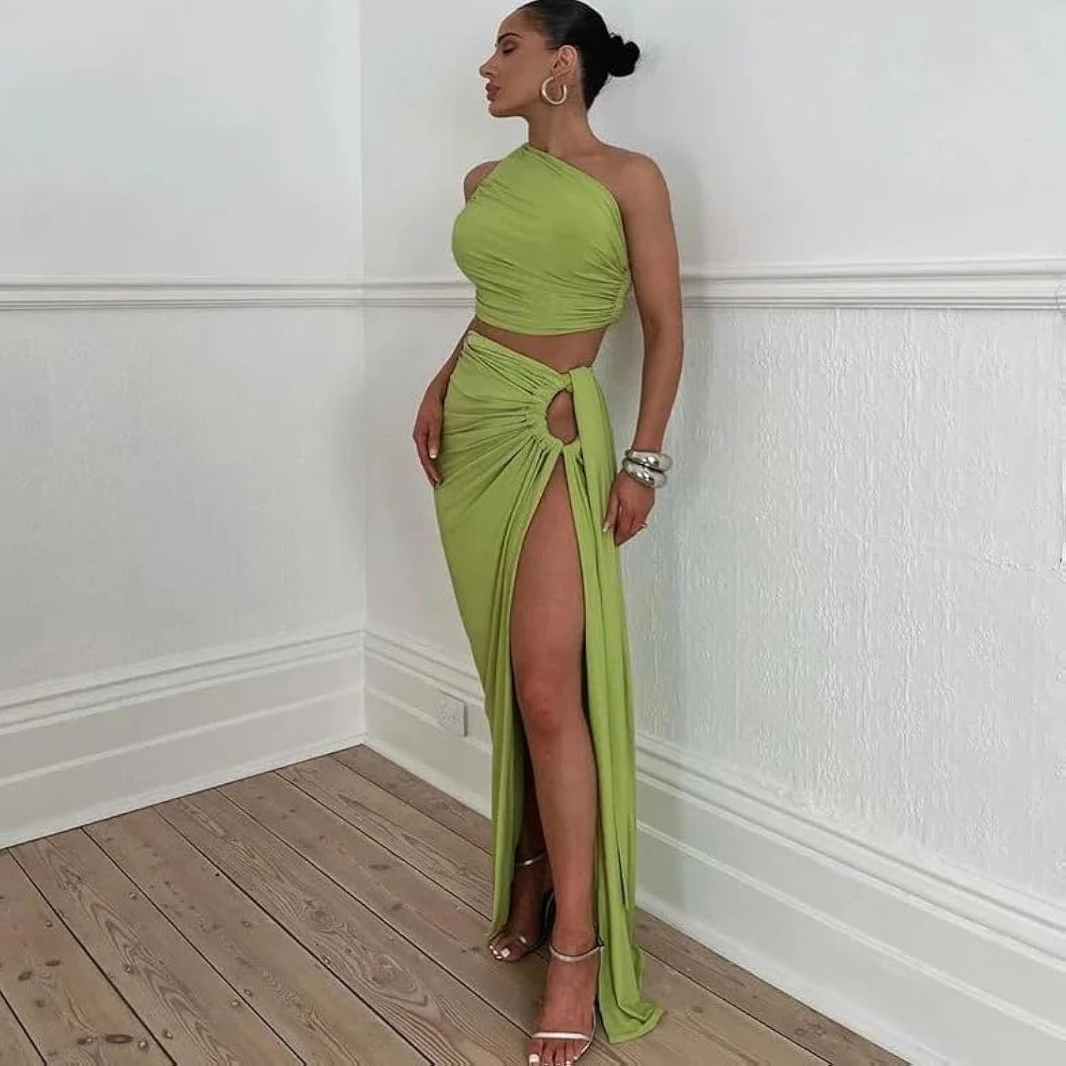 One Shoulder Crop Top and Slit Skirt Set – Women’s Two Piece Suit