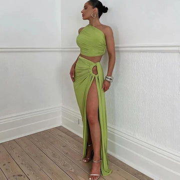 One Shoulder Crop Top and Slit Skirt Set – Women’s Two Piece Suit