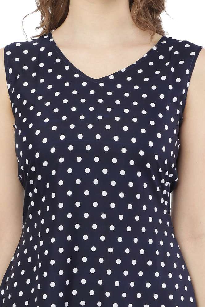 Women's Sleeveless Navy Blue Polka Dot A-Line Dress –  knee-length polka dot dress