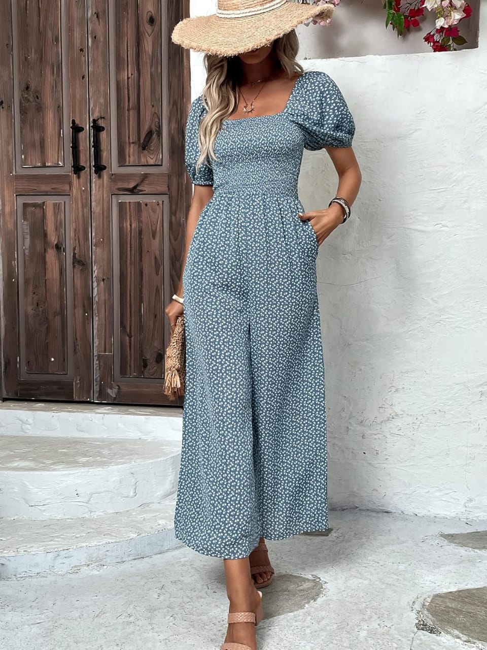 Women's Floral Smocked Puff Sleeve Wide-Leg Jumpsuit