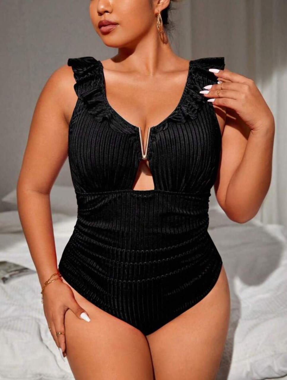 Women's Ribbed Ruffle V-Neck One-Piece Swimsuit – 3-Pack (Black, Brown, Skin Tone)