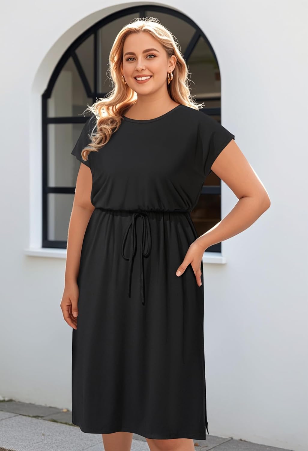 Plus Size Women’s Summer Midi Dress – Short Sleeve, Tie Waist, Pockets, Belly-Hiding Casual Work & Funeral Dress