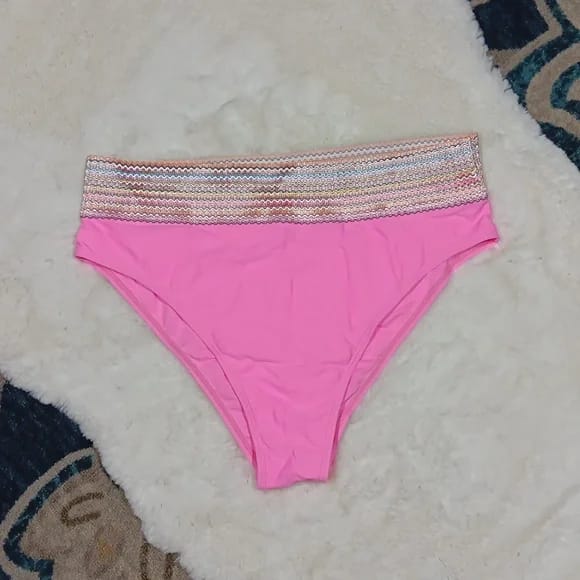 Pink Bikini Bottom with Rainbow Elastic Waist