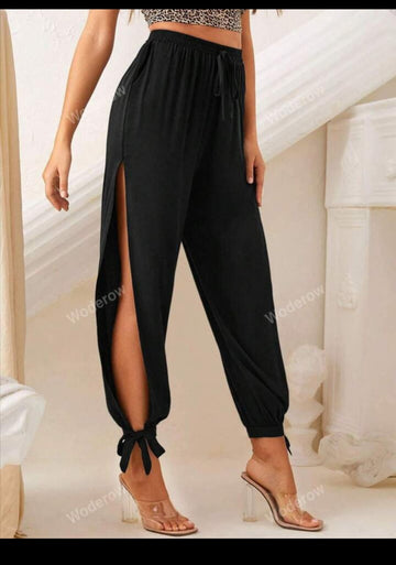 Fashionable And Casual Solid Color Elastic Waist Tied Slit Leggings Pants For Women S