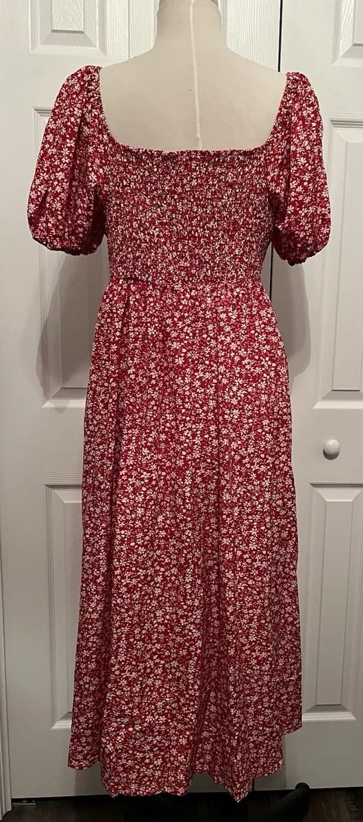 NWOT Shein sz 12 Puff Sleeve Red + White Ditsy Tie Front Midi Dress Smocked Back XL