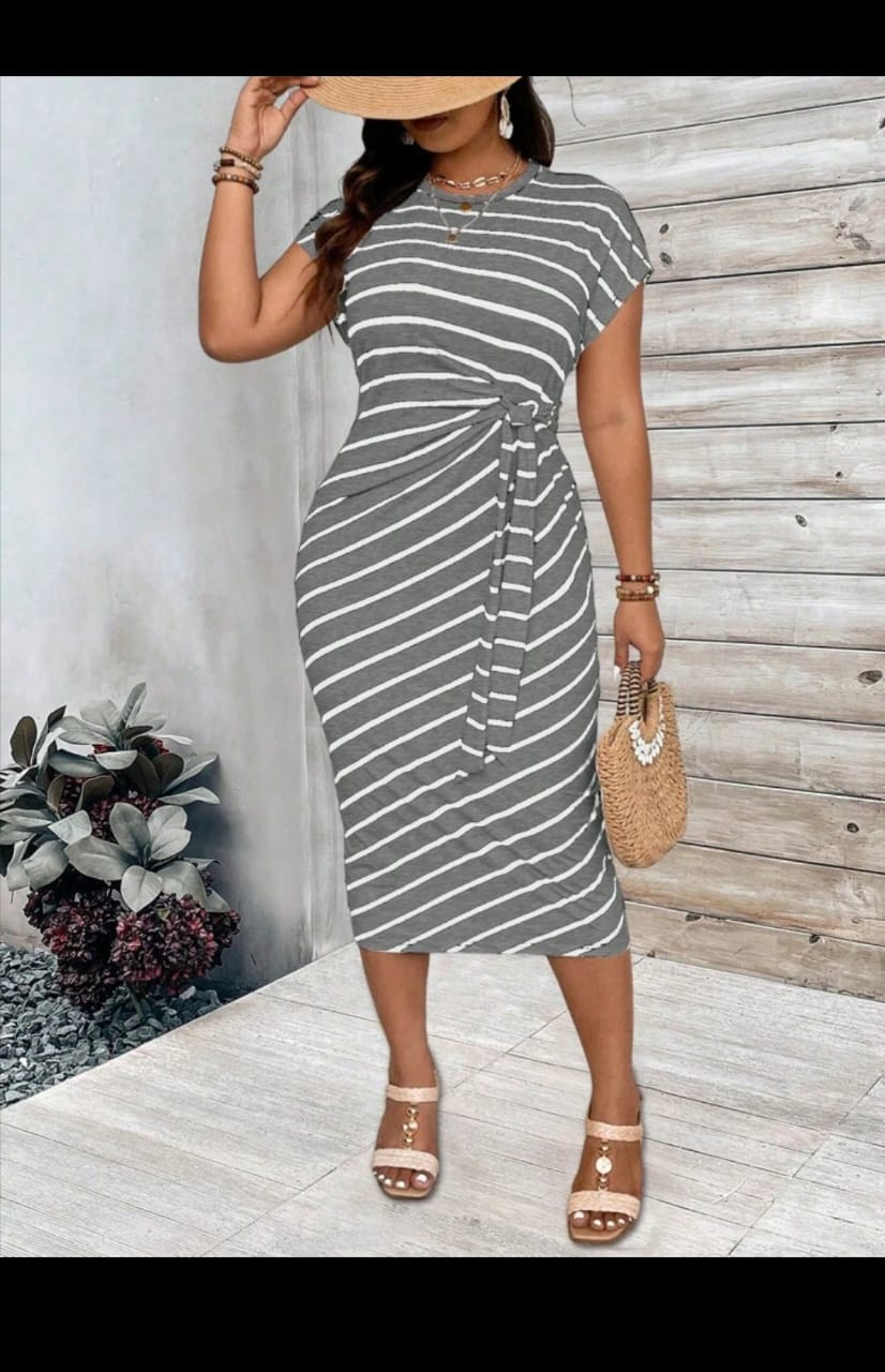 Calvaya Plus Striped Batwing Sleeve Knot Front Dress S