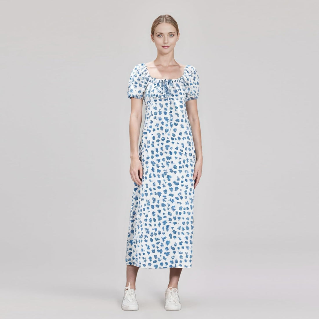 Women's Blue Floral Summer Dress Puff Sleeve Square Neck High Waist A-Line Sundress