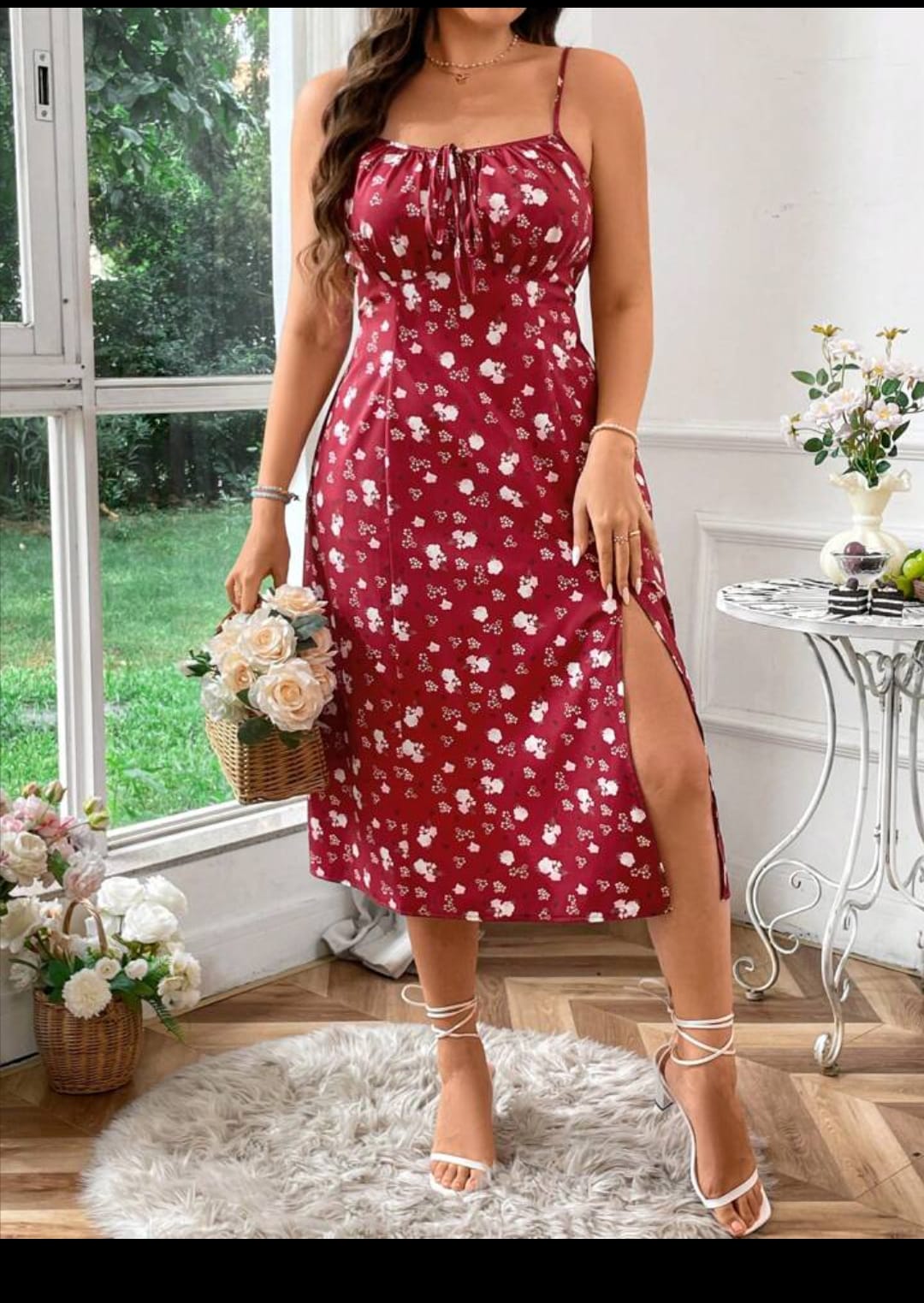 Women's Floral Print Pleated Bust Open Slit Hem Cami Dress Red ,Large