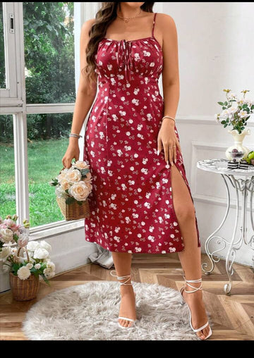 Women's Floral Print Pleated Bust Open Slit Hem Cami Dress Red ,Large