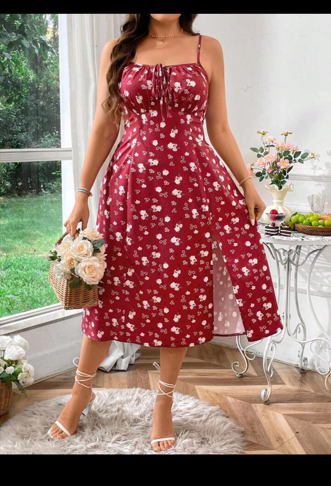 Women's Floral Print Pleated Bust Open Slit Hem Cami Dress Red ,Large