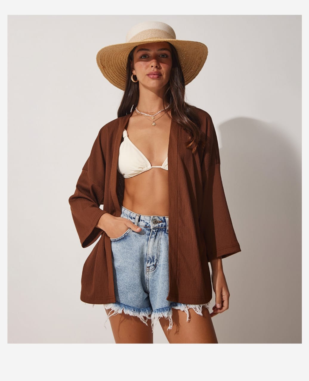 Solid Long Sleeves Kimono Brown, M