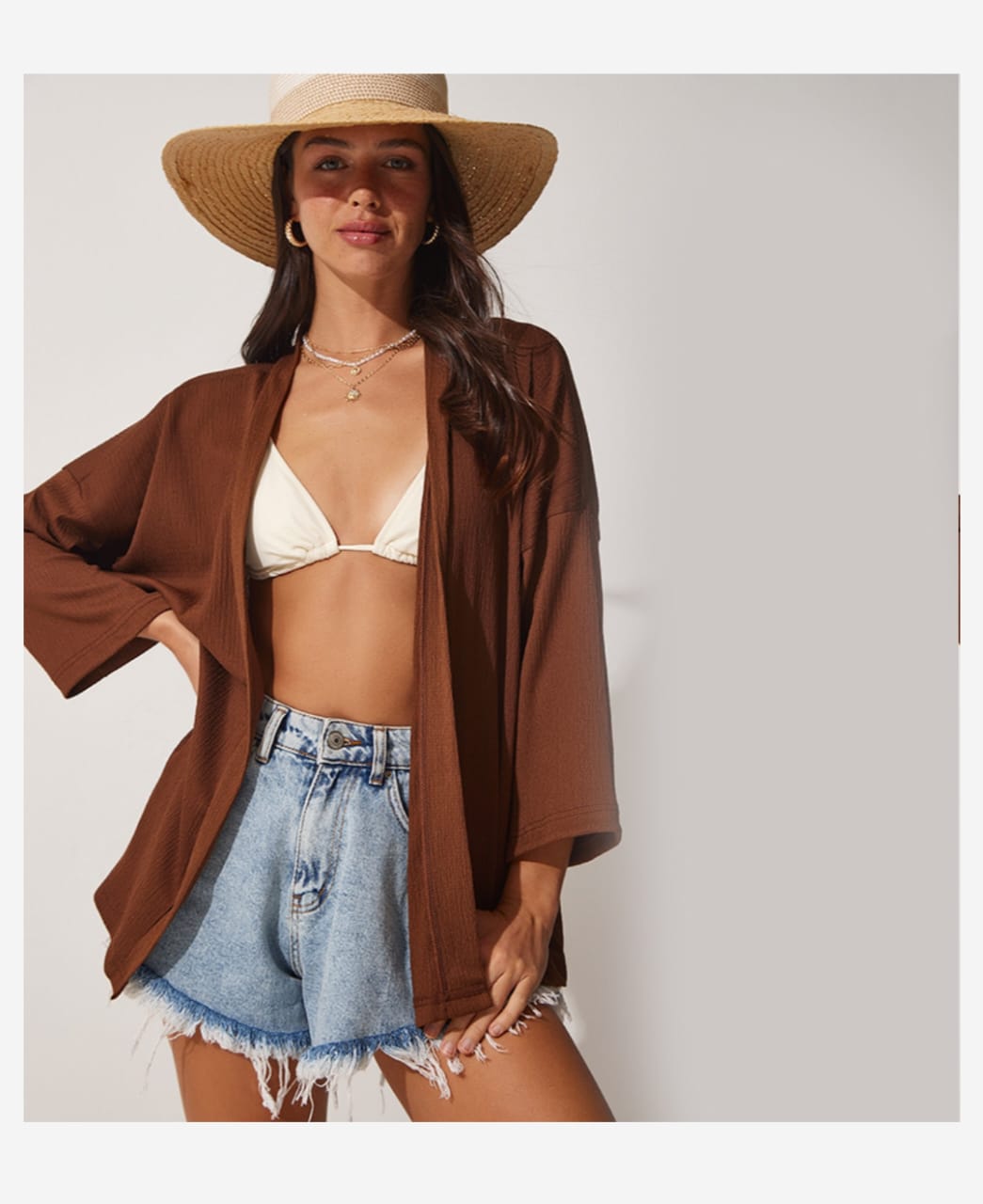 Solid Long Sleeves Kimono Brown, M