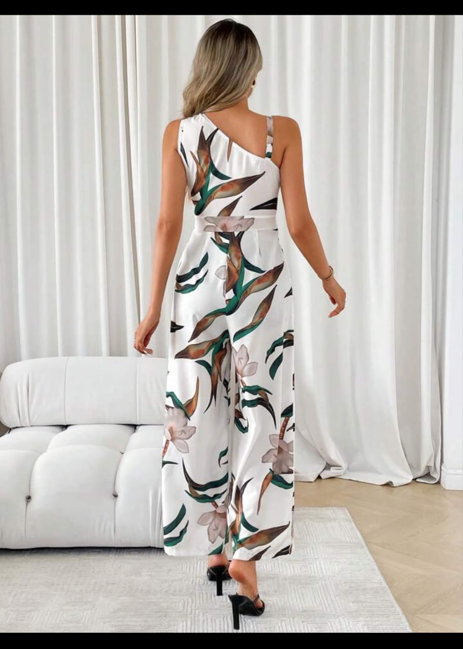 Women's Summer Casual Floral Print Sleeveless Asymmetrical Collarless Jumpsuit 2XL