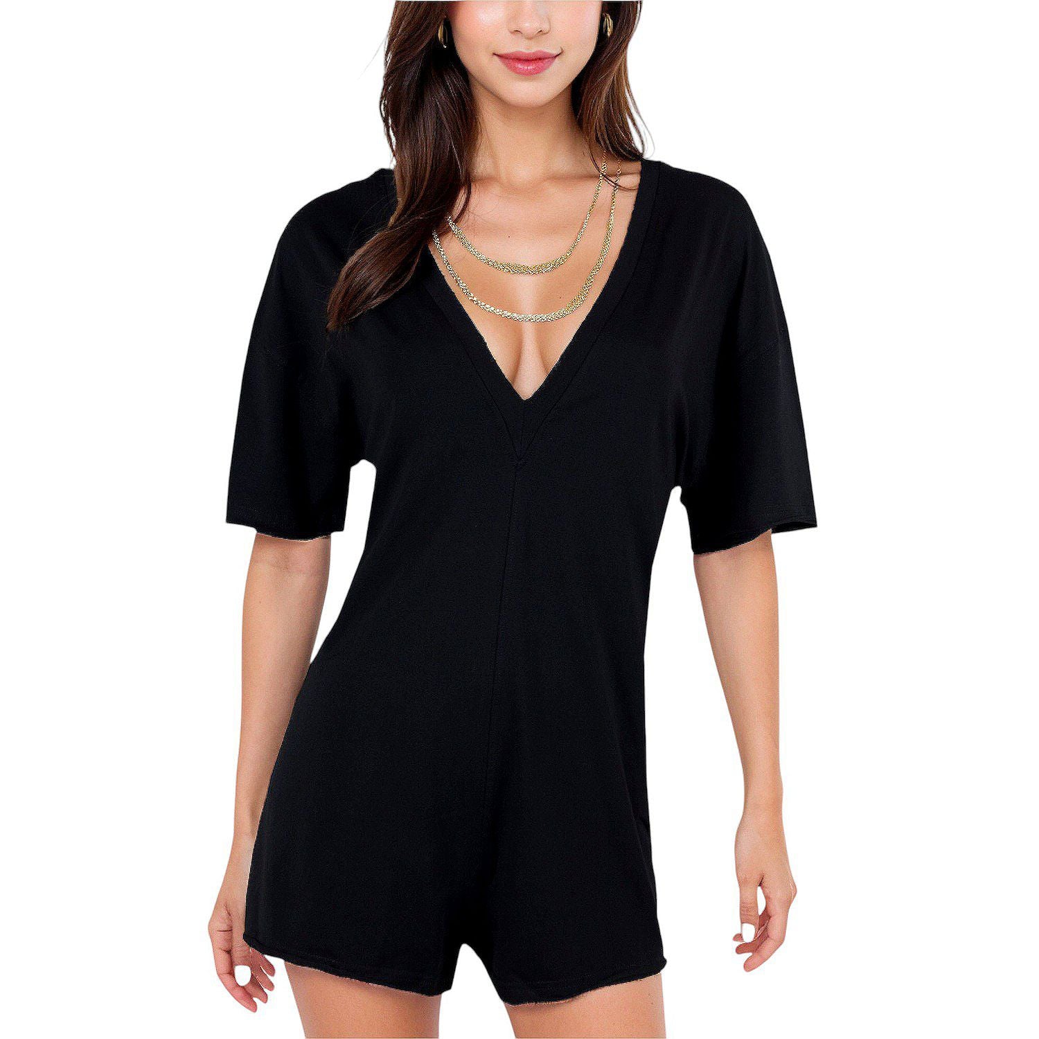 Women's black Short Sleeve V-Neck Romper With Relaxed Fit XL