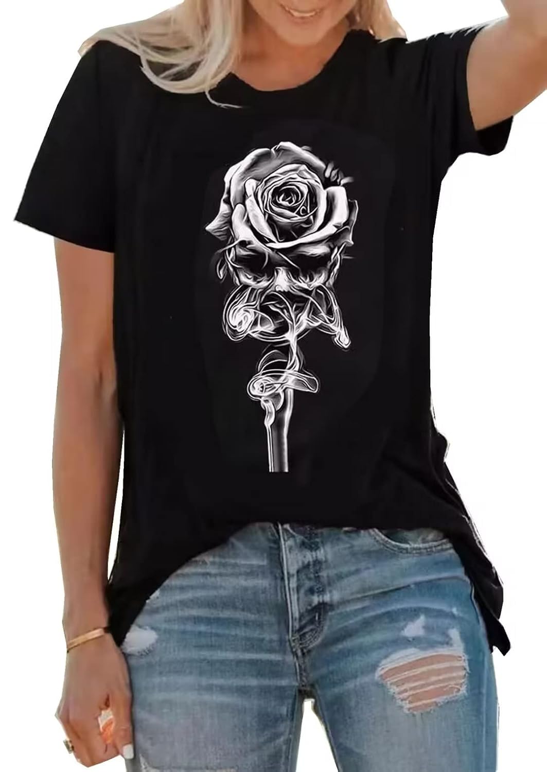Roses and Skull Shirt for Women Funny Skeletons Graphic Tee Tshirt Letters Printed Summer Vacation Short Sleeve Tops 5XL
