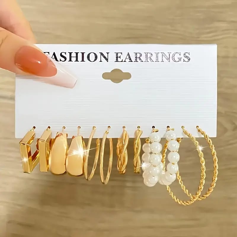 Set Of 6 Pairs Of Golden Earrings Set With C-shaped Geometric Hoops, Retro Twisted Artificial Pearl Hoops, Women's Jewelry Gift Set